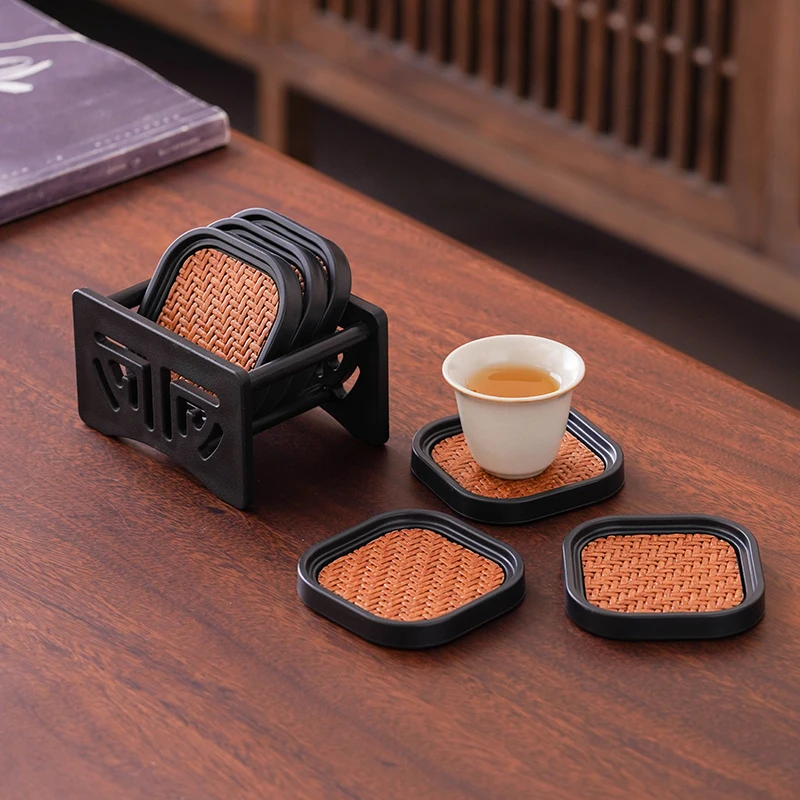 

Premium Chinese Style Square Coasters Woven Rattan Tea Cup Pads Heat-Resistant Table Mats Elegant Anti-Scalding Tea Accessories