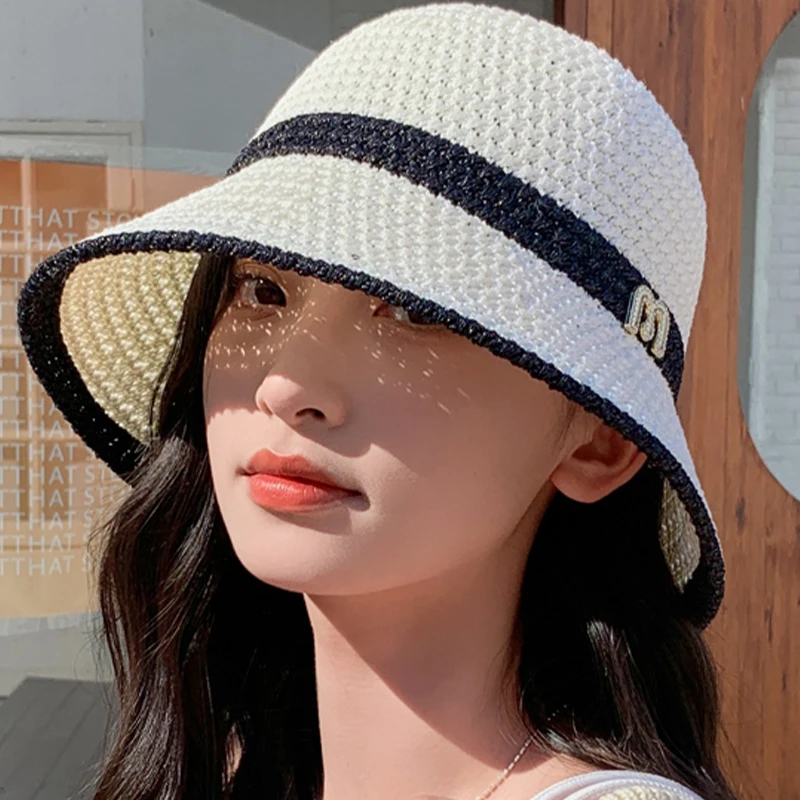 2024 Outdoor Spring Beach Hat Summer Foldable Straw Crochet Bucket Hat Women Sunscreen Fisherman Hat Fashion Holiday Travel Gift