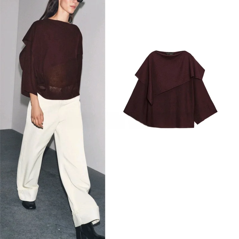 

Women's New Autumn irt Asymmetric Collar Wide Sve Design Flat Needle Layer Drape Long Sve Top Skin-friendly Breathable