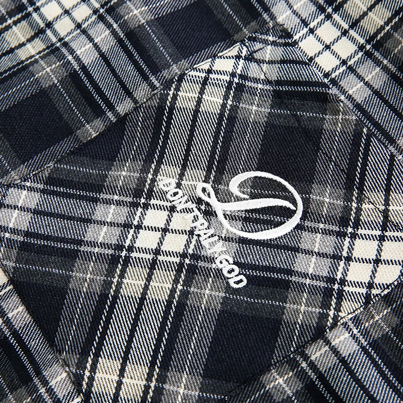 Men clothing 2025 casual plaid shirt retro embroidery pattern letter long sleeve shirt streetwear turn-down collar dress shirt