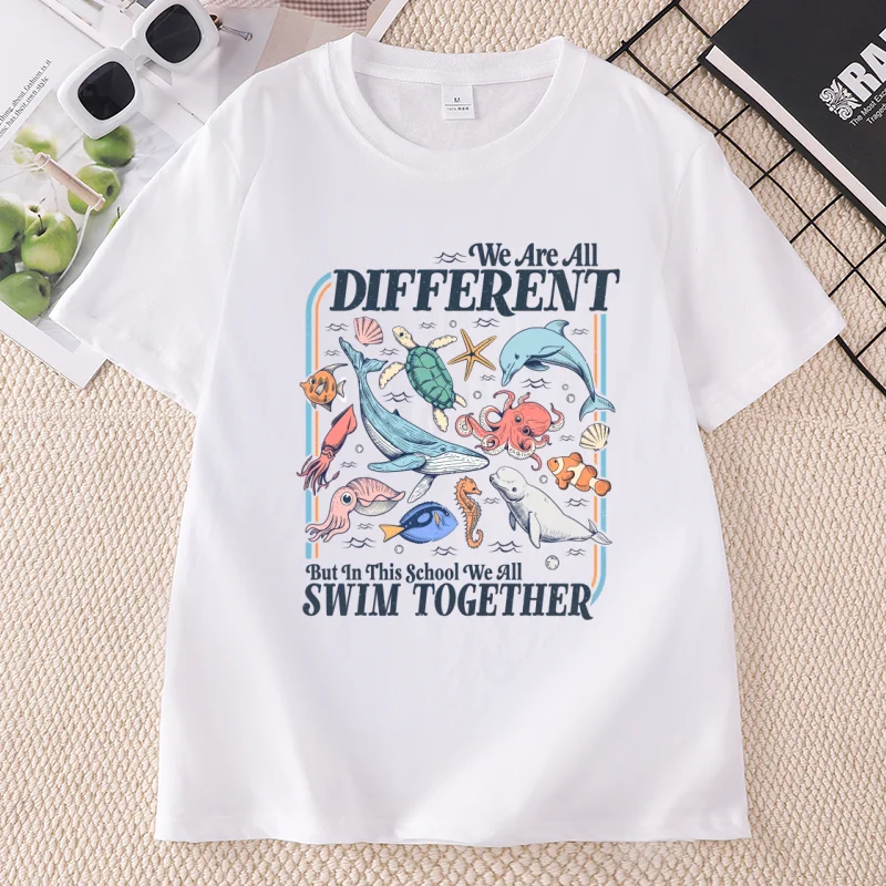 We Are All Different But in This School We All Swim Together Quotes T-shirt Funny Group Tee Autism Unisex Clothing Tops
