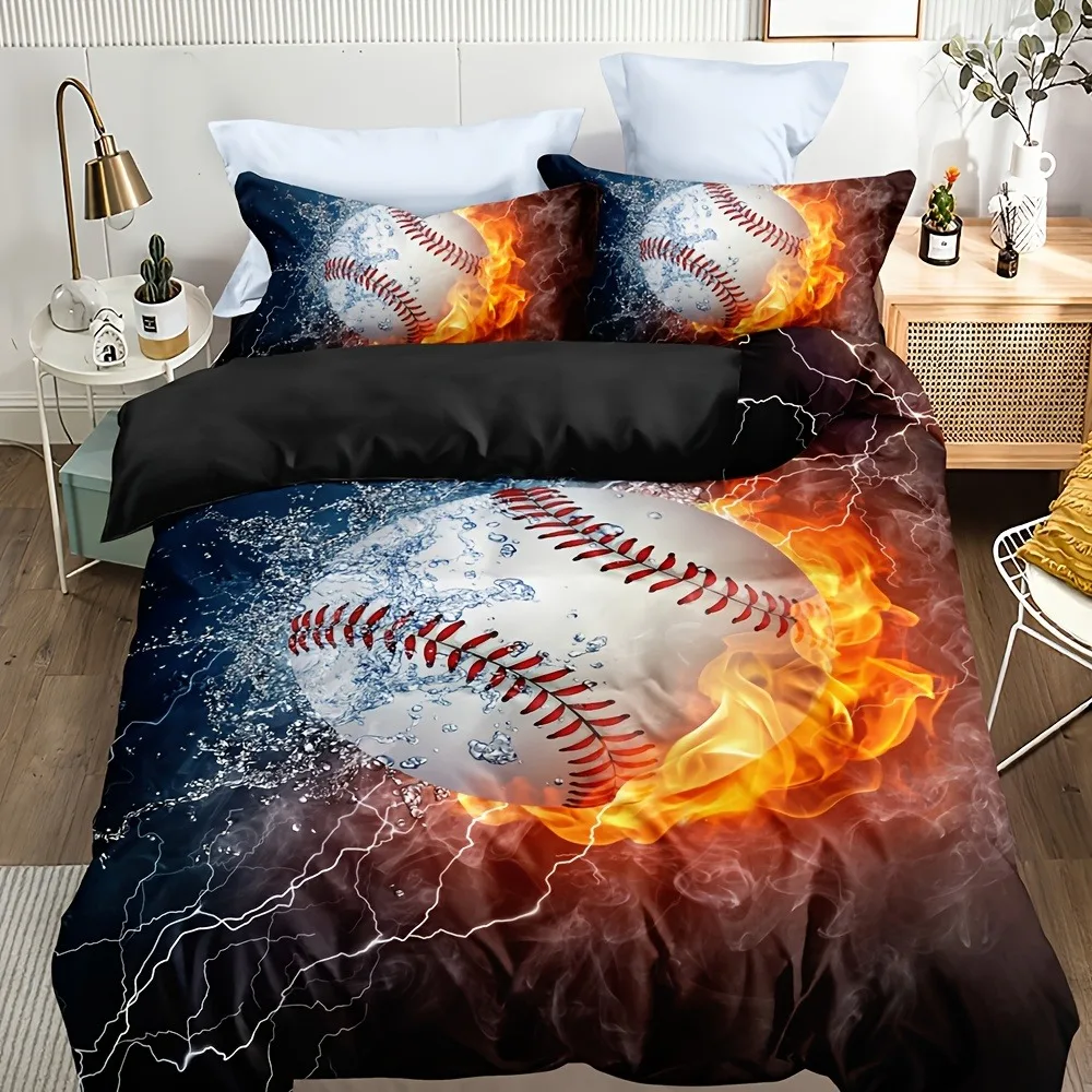 Baseball Duvet Cover Set | Fiery Splash Lightning Graphic Bedding for Teen Boys (1 Duvet, 2 Shams)
