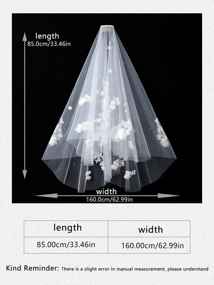 Two Tier Bridal Veil 3D Floral Applique Pearl Beaded Tulle Wedding Veil With Metal Comb Romantic Bride Hair Accessories