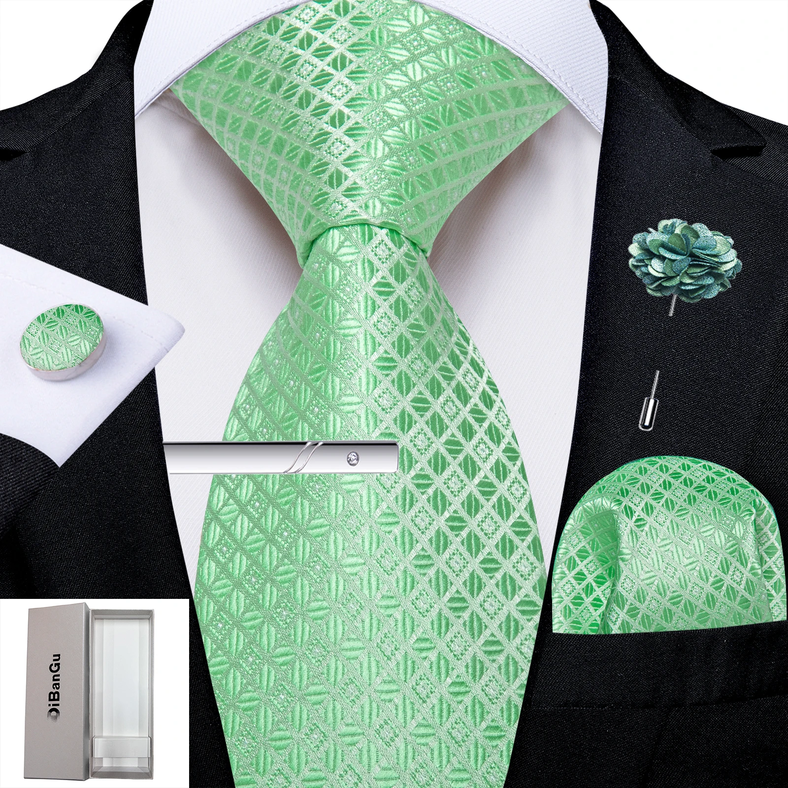 Green Men\'s Ties Luxury Floral Solid Silk Ties Business Formal 150cm Necktie Pocket Square Cufflink Suits Accessory
