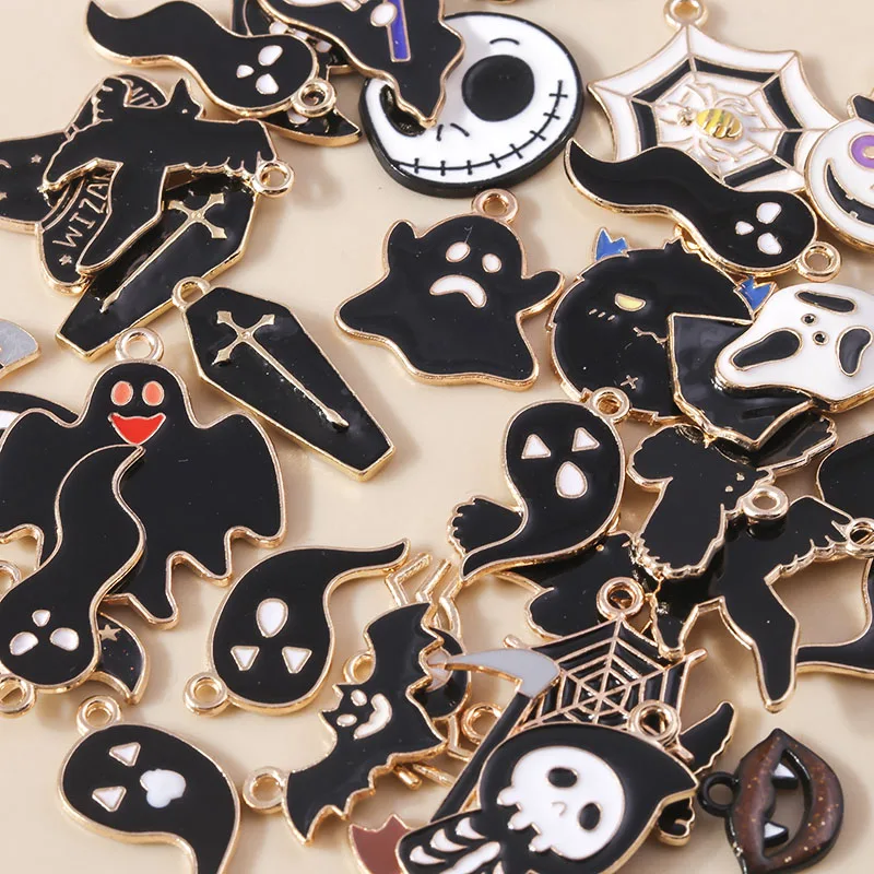 Mixed 20pcs Enamel Halloween Death Ghost Charms Pendants for Jewelry Making Cute Earrings Necklaces DIY Craft Jewelry Gifts