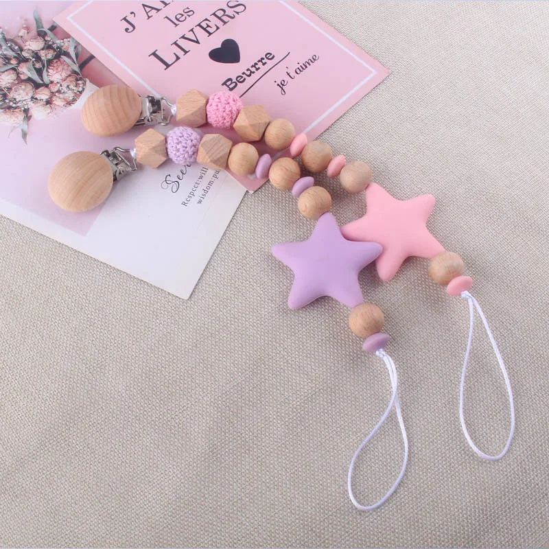 

Baby Pacifier Chain Clips Silicone Pentagram Teether Wood Beads Teething Chain for Care Soother Chew Toys Shower Gift