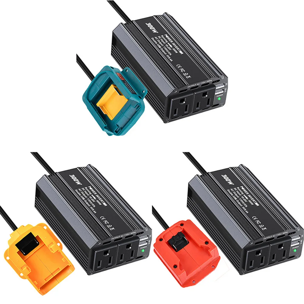 

Для строительных площадок Инверторный адаптер батареи от 18 В до 110 В Выход переменного тока 110 Вт Макс. выход 300 Вт Светодиодные индикаторы состояния