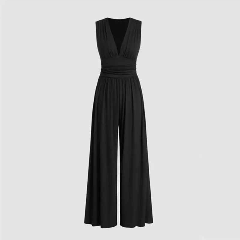 Dames Jumpsuit Elegante Effen Kleur Sexy Mouwloze Diepe V-Hals Geplooide Elastische Tailleband Losse Wijde Pijpen Broek Bodysuits