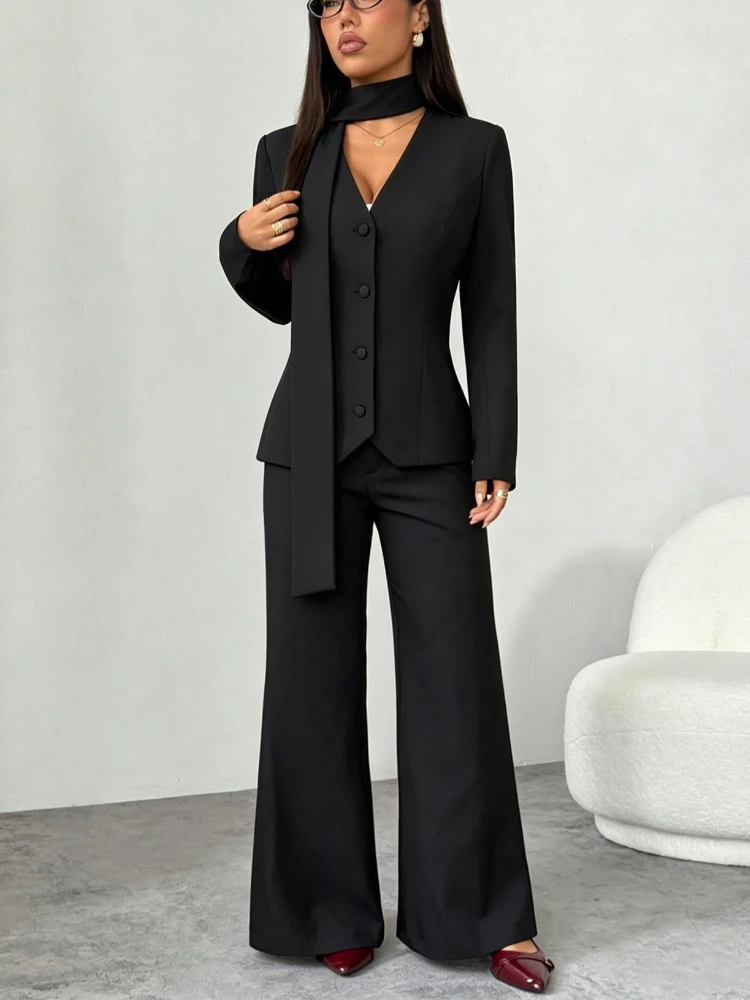 Conjunto de Traje de Pantalón Largo para Mujer, Novedad Primavera-Verano, Estilo Oficina, con Corbata y Botones, Diseño Patchwork, Poliéster, para un Look Casual y Elegante
