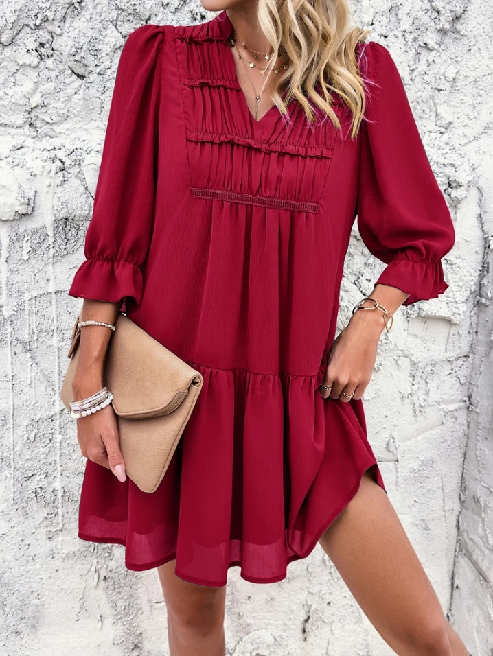 

Fashion Autumn Dresses 2024 Elegant Solid Color Casual V-Neck 7-Inch Sleeve One-Piece Dresses Urban Fashion Vacation Daily Dress