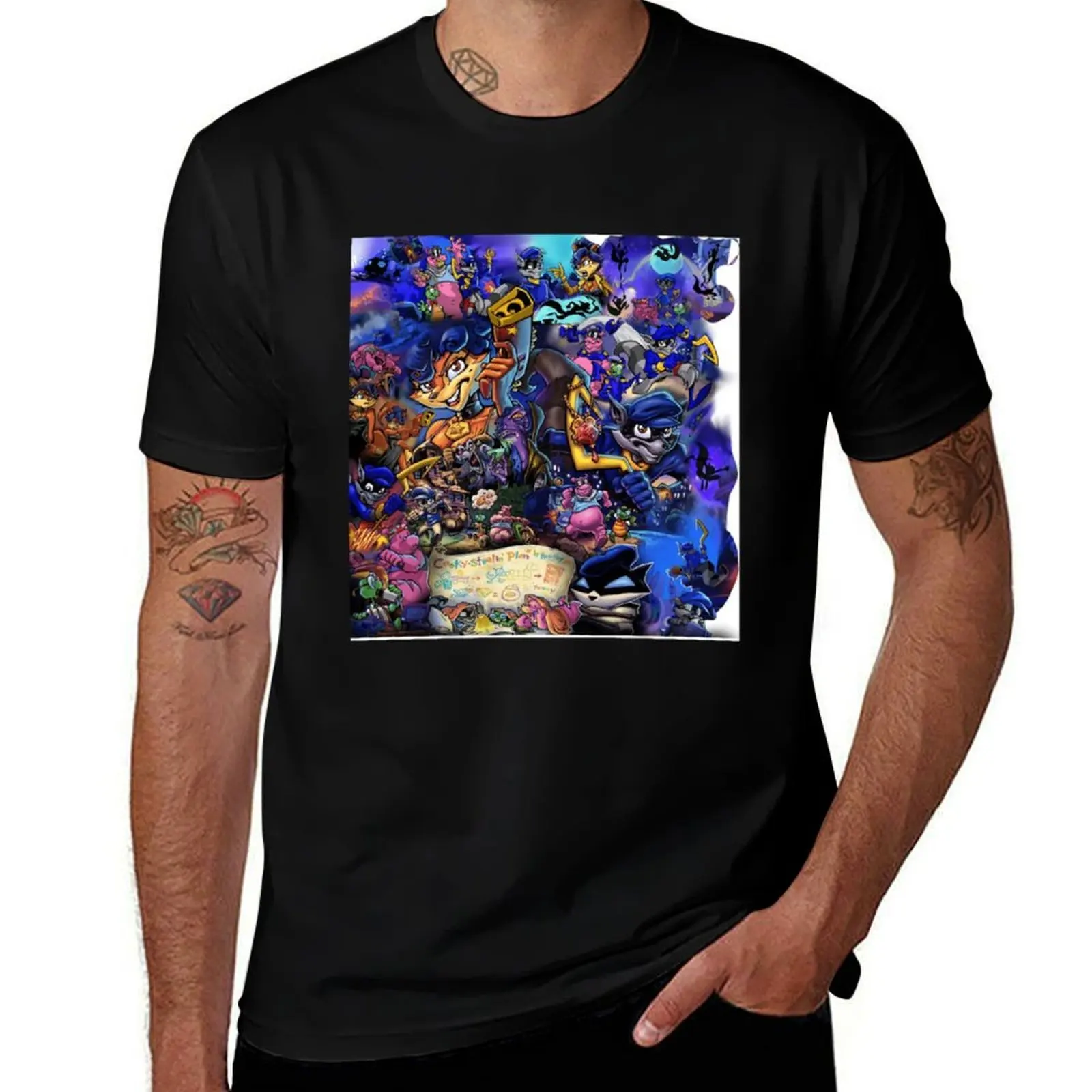 

Comic Collage Sly Cooper Chiffon Top T-Shirt Basic Solid Color Casual Tee Shirt