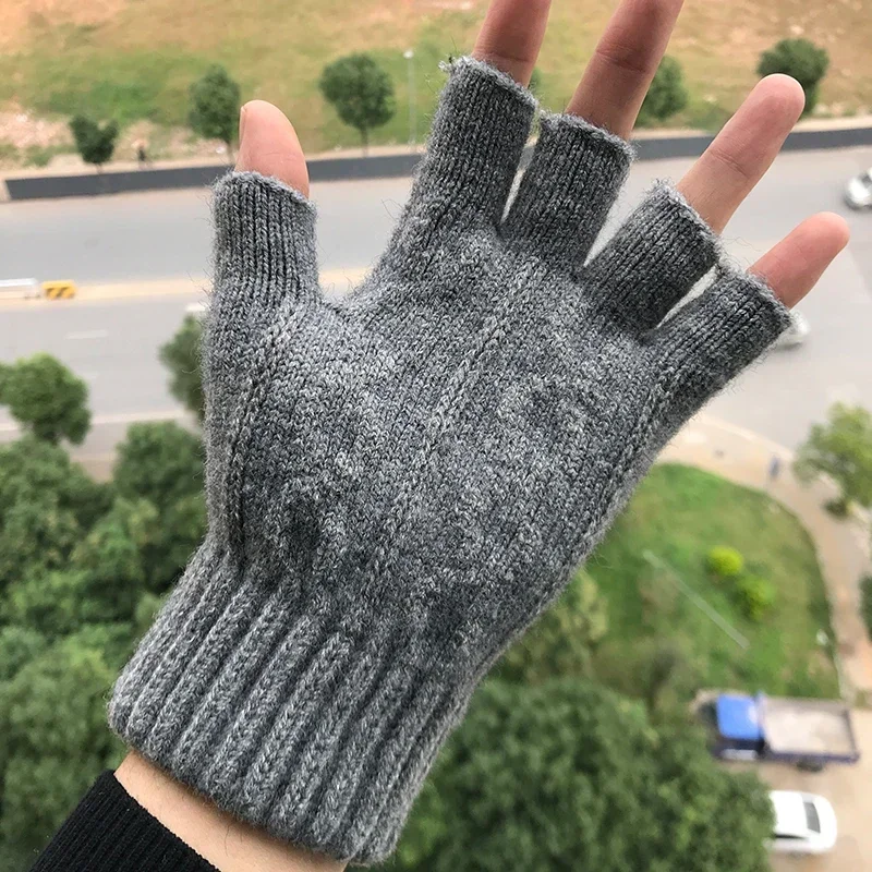 Winter Gloves Men Half Finger Writting Office Cycling Knitted Gloves Students Alpaca Wool Warm Thickened Elastic Driving Gloves