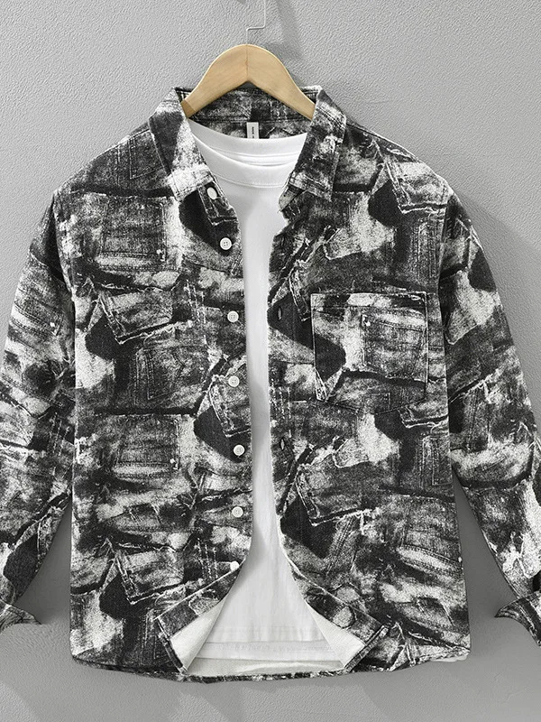 

Trendy Long Sve Pure Cotton Men's irt Loose Casual Japanese Sle Retro Design Printed Outerwear Spring Autumn Faion