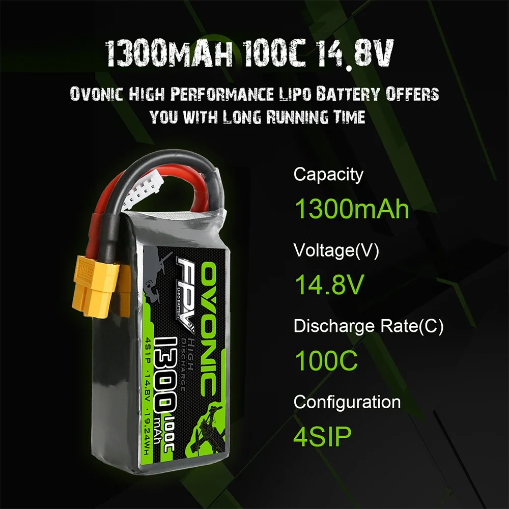 OVONIC 4s 1300mAh 100C Max 200C Lipo 4S1P  Battery with XT60 Connector for 250 FPV Frame RC Drone Heli Quad Boat