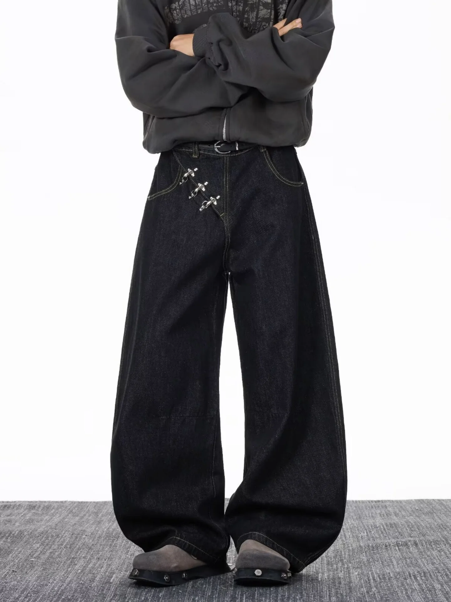 

American Cleanfit Vintage Original Color Knife Men's Jeans Slant Button Airplane Buckle Wide Leg Loose Silhouette Long T...