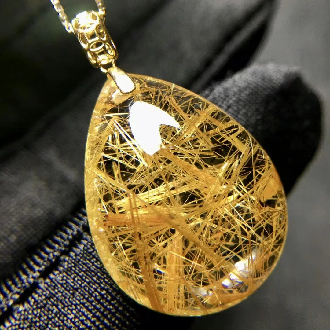 Natural Gold Rutilated Quartz Pendant Necklace Jewelry 24*18.7*9mm Yellow Rutilated Women Men AAAAAAA