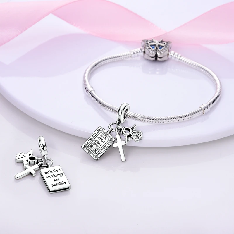 Charms Bead Original 925 Sterling Silver Cross Heart Rotating Devil Eye Jesus Angel Pendant Fit Bracelet Woman DIY Jewelry Gift view 6