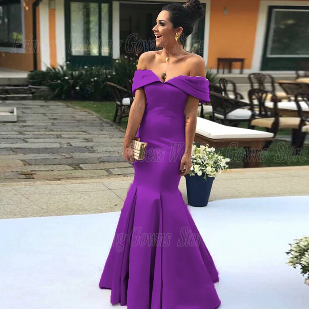 Vestidos formales de sirena de satén elegantes personalizados para madre de la novia para mujer con hombros descubiertos tren de barrido personalizado hermoso boda P