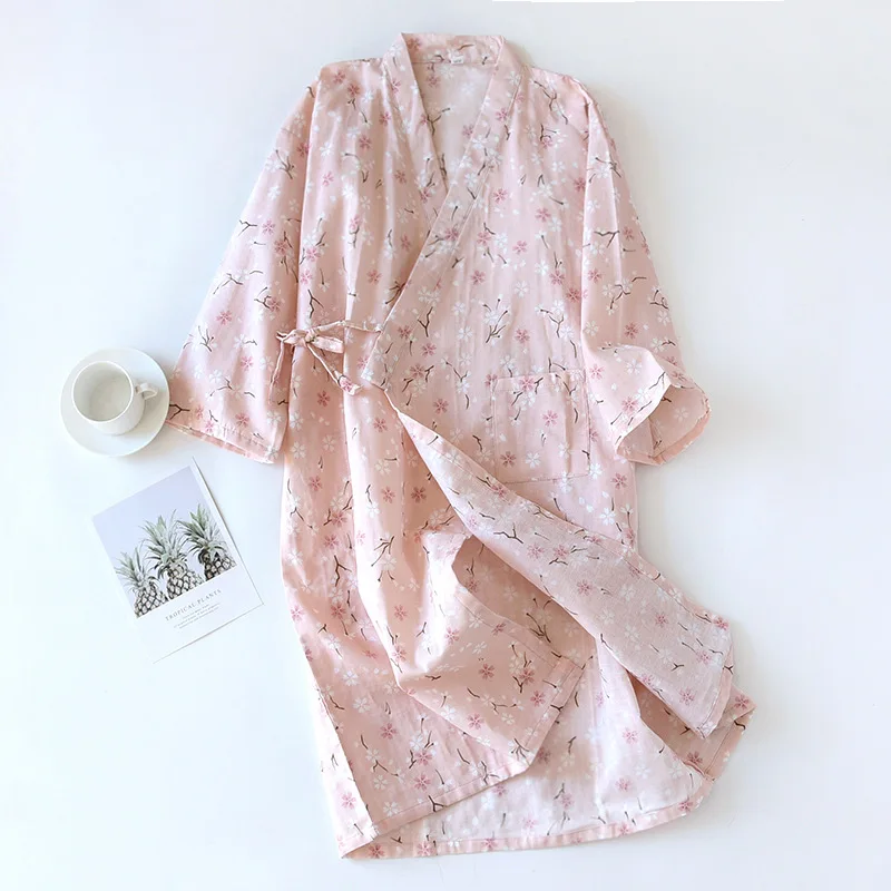 Áo Váy Bầu Cotton Kimono Pyjama Nữ Áo Dây Ba Phần Tư Nhà Gạc In Áo Đầm Xếp Ly Bathrob Sexi Đồ Ngủ