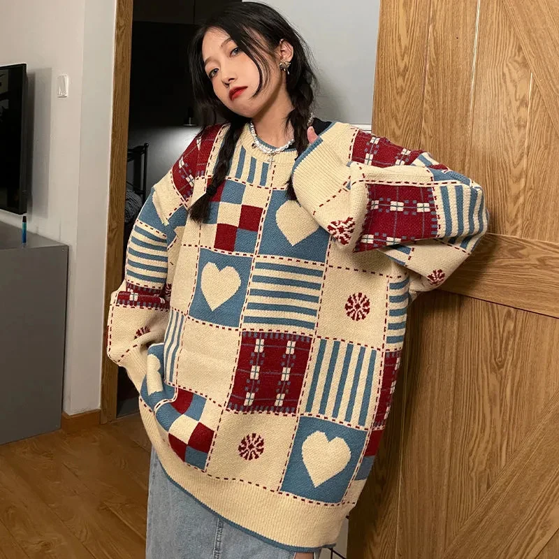 Vintage Sweater Women Plaid Love Knitwear Harajuku Oversized Print Knit Jumpers Streetwear Korean Heart Casual Pullovers Tops