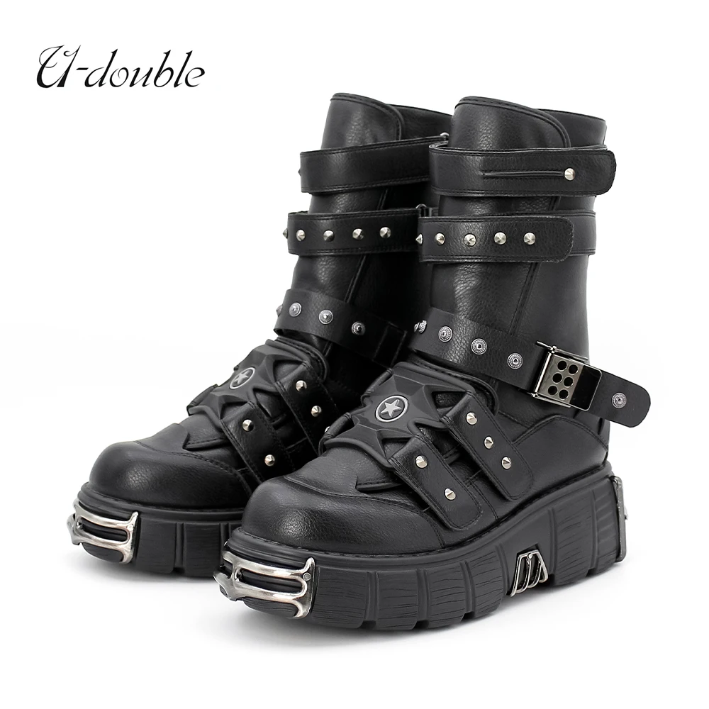 2023 New Punk Style Men and Women Boots High Heel Platform Shoes Height 6CM Woman Gothic Ankle Rock Boots Metal Decor Retro