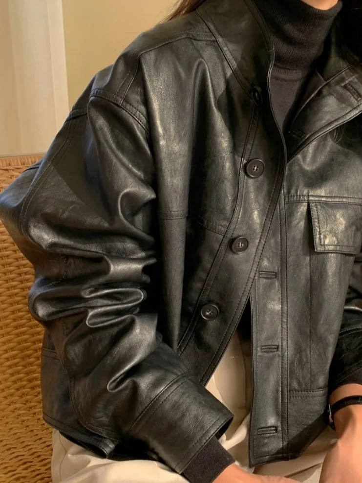 Retro coreano sle biker jaet feminino faion pesado bordado gola alta quali casaco de couro primavera nova chegada