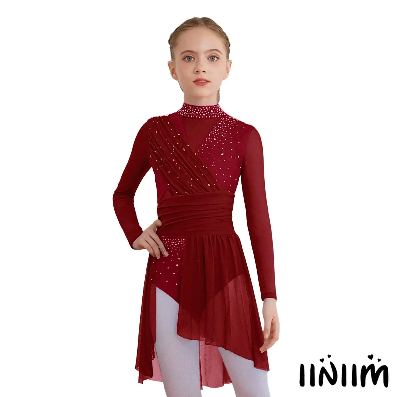 

Kids Girls Lyrical Jazz Dance Dress Mock Neck Long Sleeve Cutout Back Side Split Dress Sheer Mesh Modern Ballet Dress Dance Wear