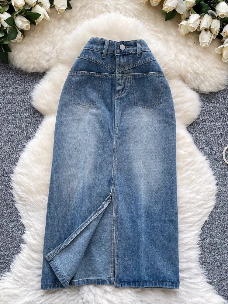 

Denim Skirt Women Streetwear Long Skirts Stretch High Waist Slim Pocket Splicing Washed Female 2025 Vintage A Line Half Dress