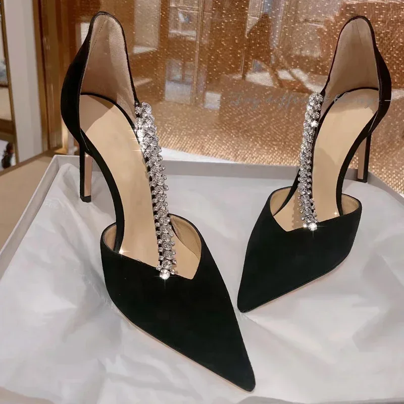 Diamond black high heels 2025 summer new style socialite sexy banquet shoes pointed thin heel hollow leather single shoes