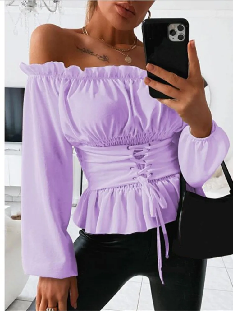 Elegant Women\'s Blouse Off Shoulder Lace-up Ruffles Slim Pink Blouses And Tops 2023 Spring Autumn Woman White Casual Shirt Top