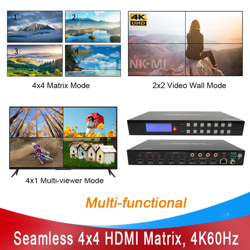 

LINK-MI 4K60Hz HDMI 4x4 Seamless Matrix 2x2 Video Wall Controller 4x1 Multi-Viewer with Analog audio extraction No switch delay