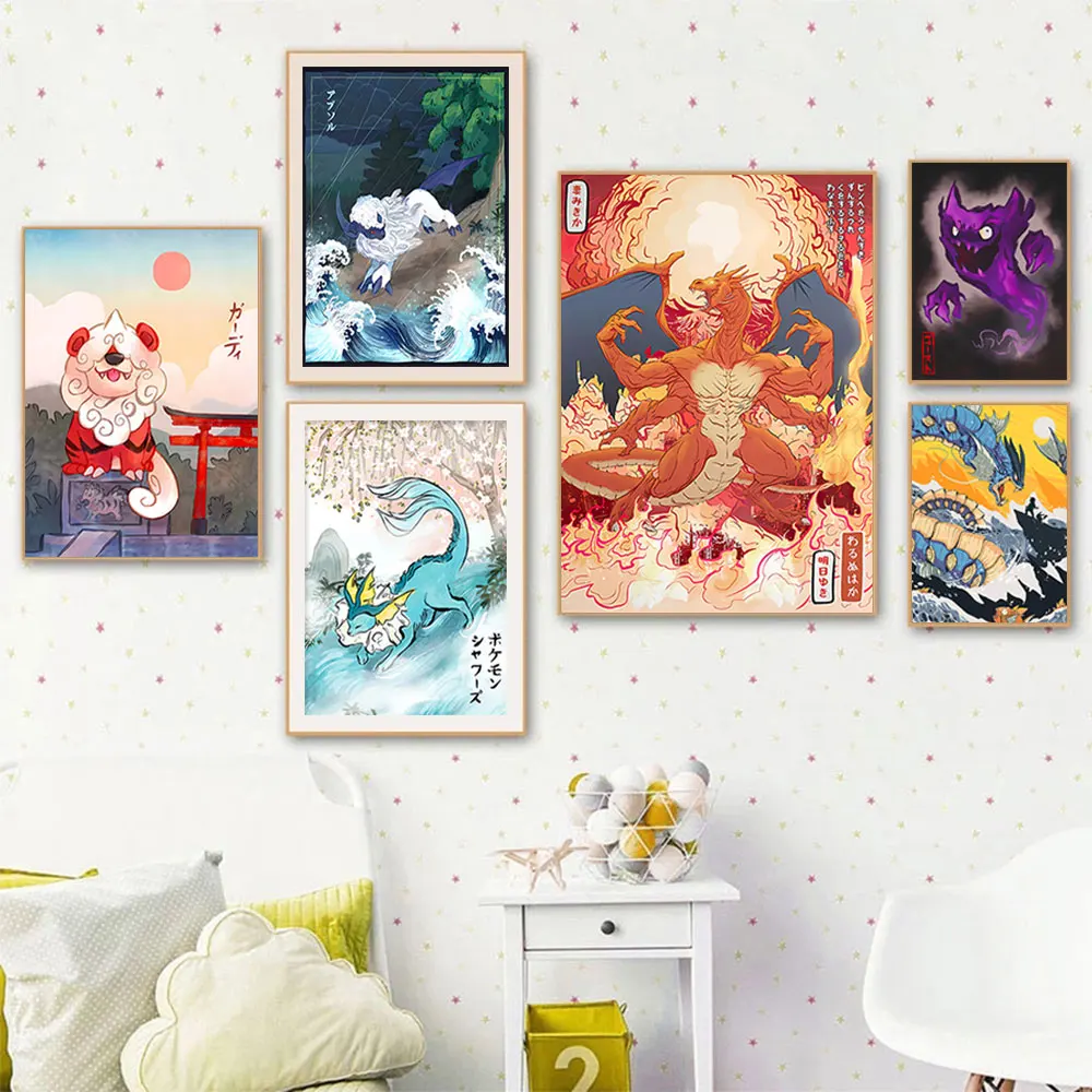 Anime Pokémon Peripheral 12 Styles Posters Art Canvas Painting Charizard Blastoise Vaporeon Picture Kids Room Wall Decor Gifts