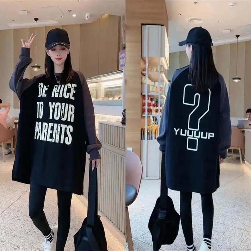 Oversized Autumn Winter New Casual Korean Patchwork O-neck Mid Length Top Female All-match Letter Loose Long Sleeve T-Shirts