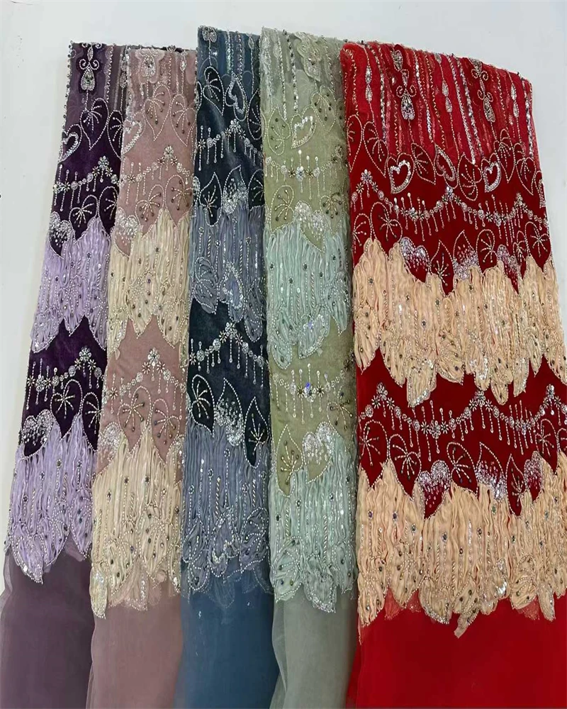 Velvet Luxurious African Beaded Net Mesh Lace Fabric French Tulle with 2026 Sequins for Nigerian Wedding Party Dresses