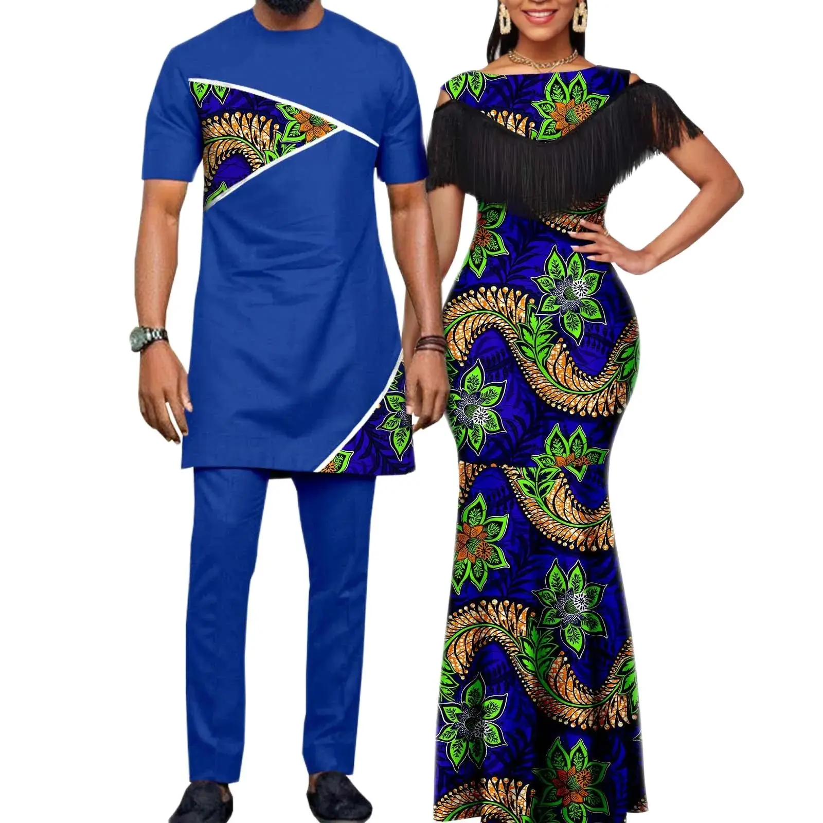 African Print Long Mermaid Dresses for Women Match Men Outfits Dashiki Top and Pants Sets Riche Couples Clothes Party Wedding