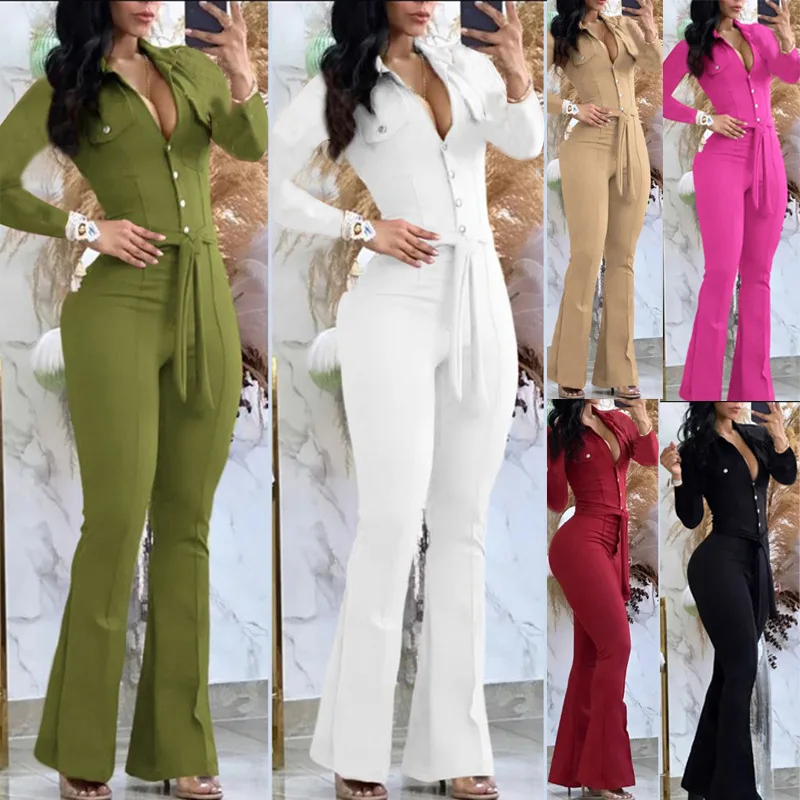 

Elegant Women Jumpsuits Solid Skinny Long Sleeve Button Up Rompers 2023 Autumn Workout Activewear Office Lady One Piece Overalls