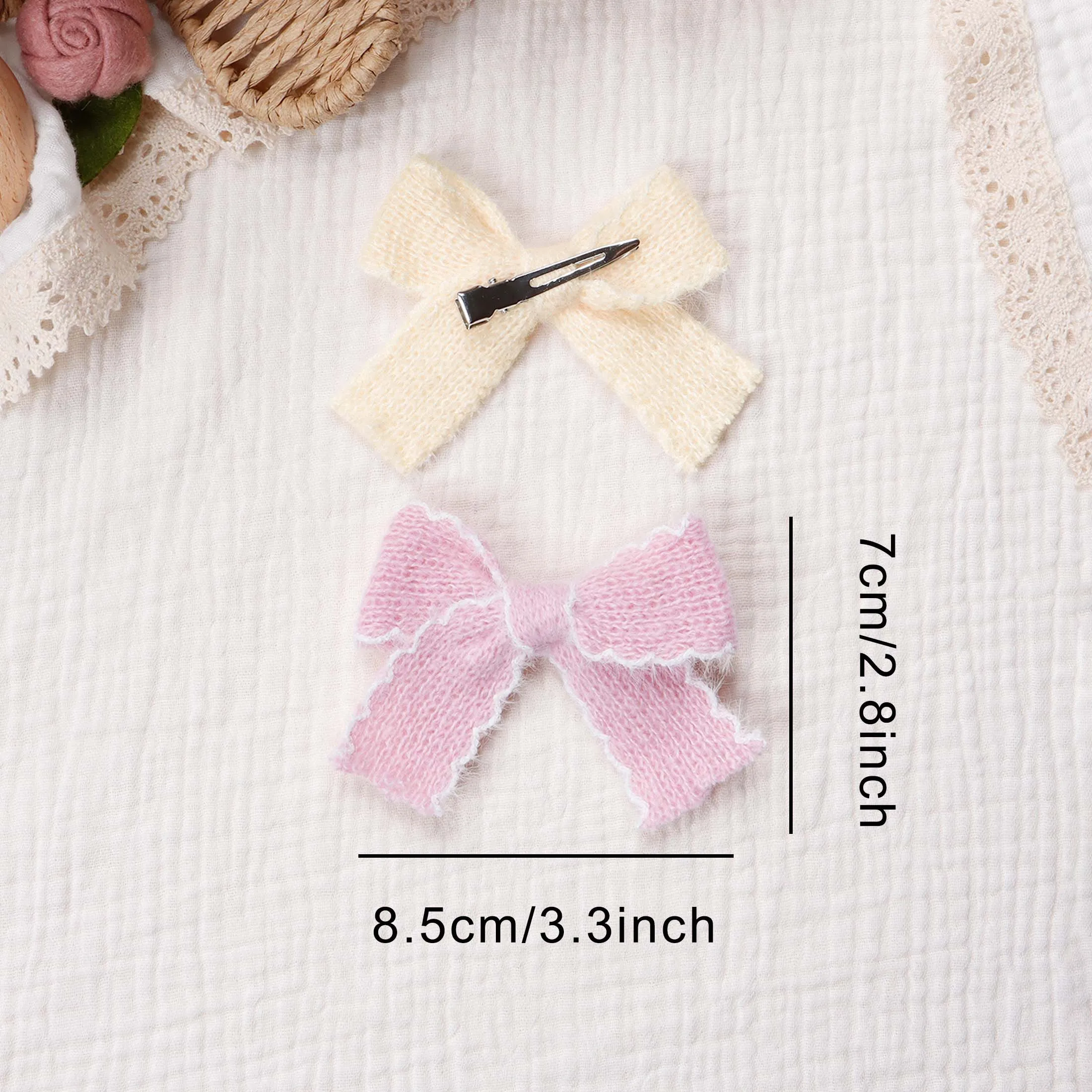2 stücke Stricken Wolle Bogen Barrettes Gestreiften Spitze Bogen Haar Clip Für Mädchen Baby Herbst Decor Haar Zubehör Kid Party tragen Haarnadel – Detail 4