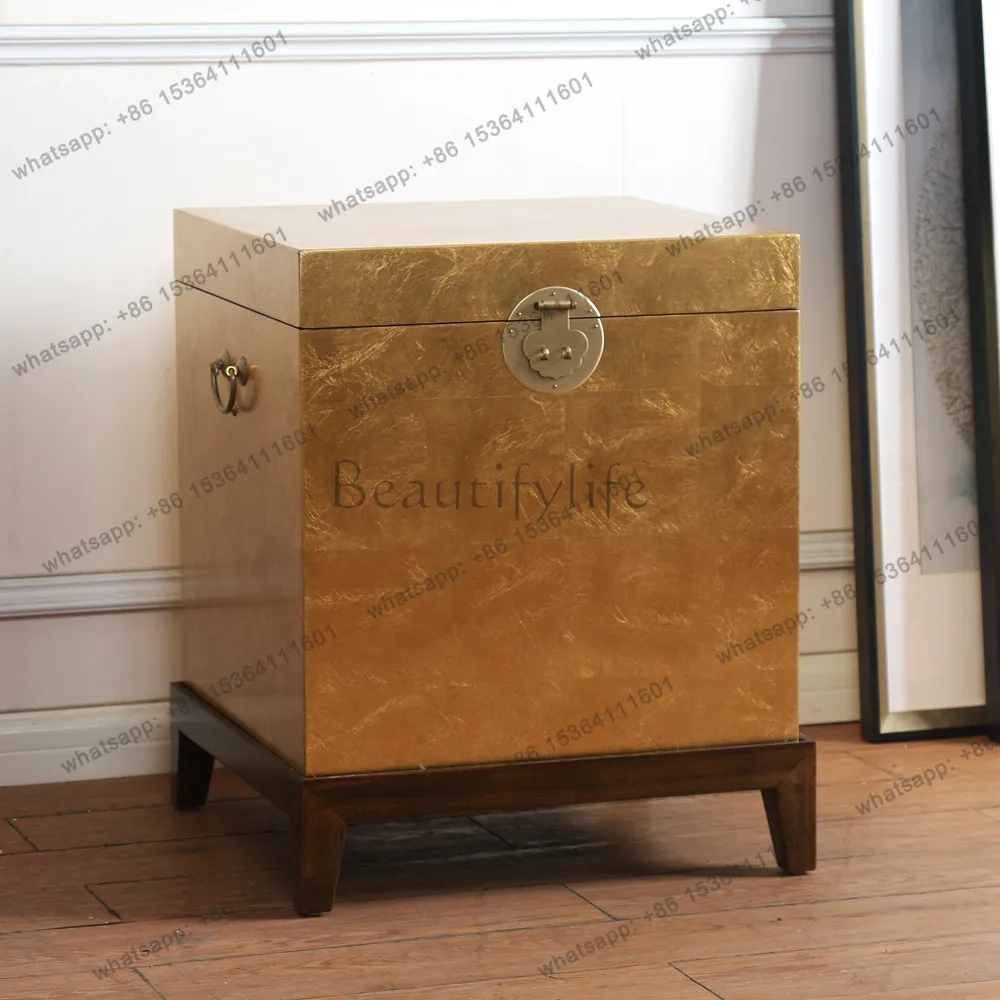 Vintage solid wood multifunctional storage box Chinese gilded foil antique box bedside table