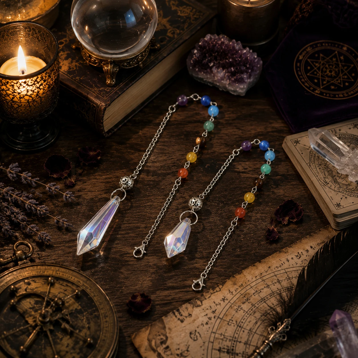 7 Chakra Crystal Pendulum with AB Color Coated Quartz Natural Stone Beads for Divination Meditation and Healing