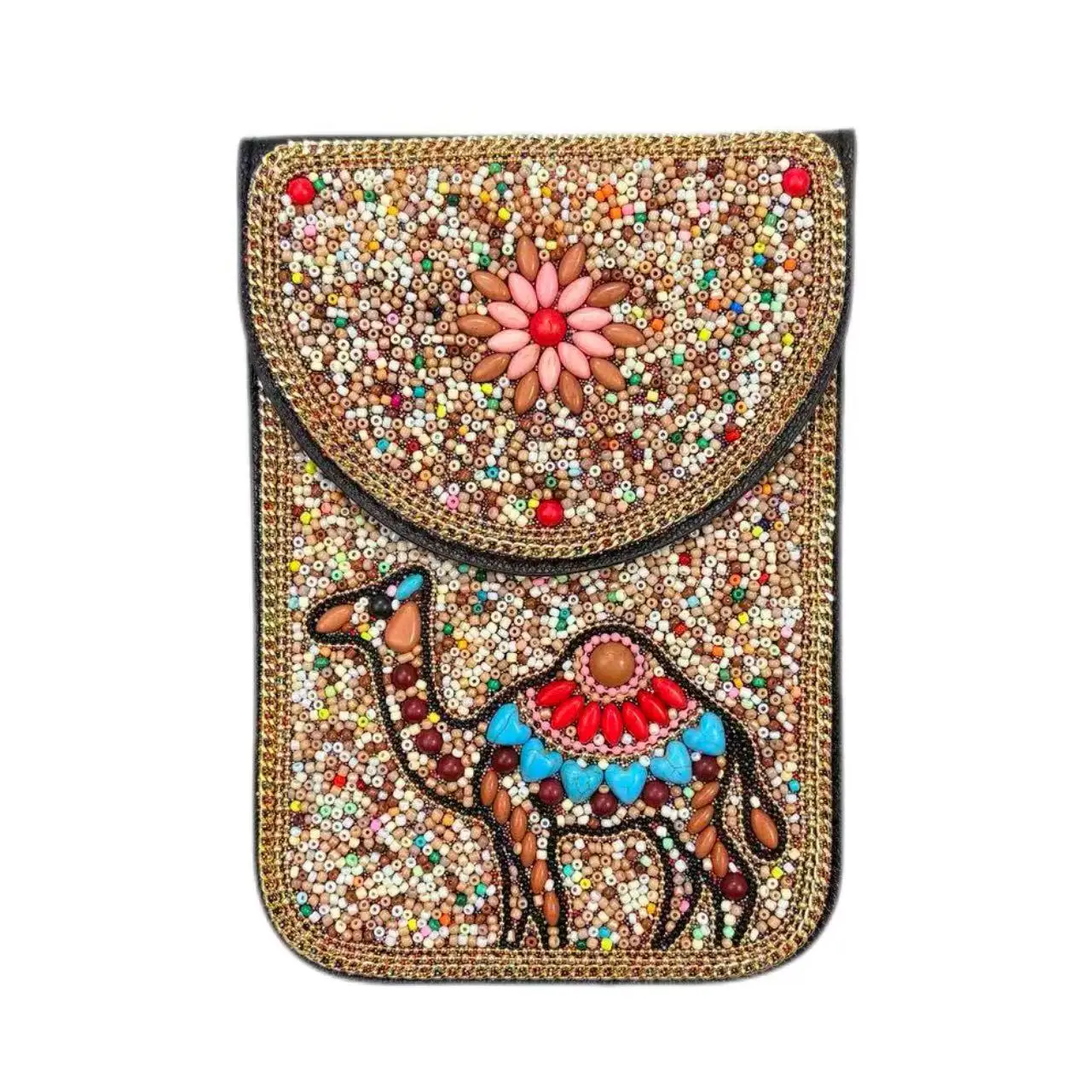 

Сумка для телефона Camel с бисером ручной работы, разноцветная сумка с клапаном из бисера и золотой цепочкой, этническая сумка через плечо для женщин