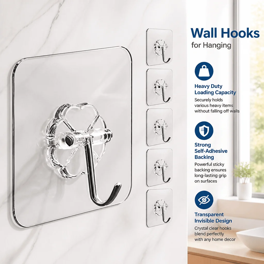 Adhesive Wall Hooks Heavy Duty Transparent Seamless No Drill Bathroom Kitchen Organizer Self Adhesive Hangers Strong Stick Rack