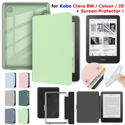 For Kobo Clara BW Case Colour 2E + Screen Protector Auto Sleep Leather Magnetic Cover Transparent Acrylic Case 6'' Ebook Funda