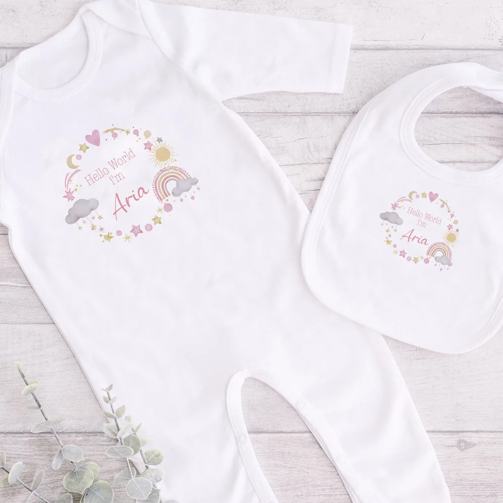 Newborn Baby Homecoming Outfits Personalised Hello World Babygrow & Baby Bibs Set Baby Shower Gift Infant Toddler Clothes