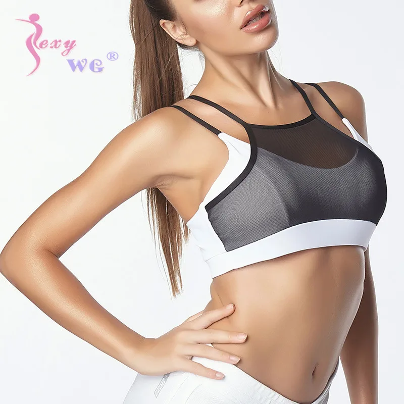 SEXYWG Breathable Sport Bras Yoga Shirts Vest Women Sexy White Black Mesh Sports Top Crop Push Up Brassiere Sportswear Yoga Bra