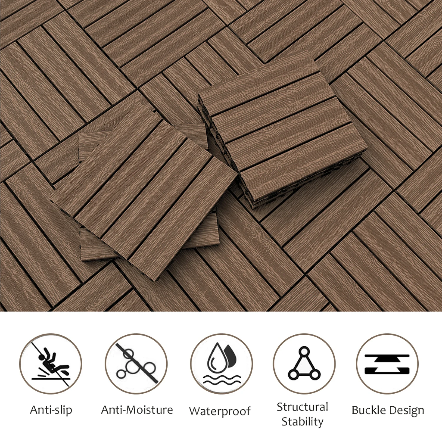 Wood Plastic Composite Deck Tiles Set of 20pcs, DIY Interlocking Decking Tiles, Floor Tile, Durable, Maintenance, Waterproof, In
