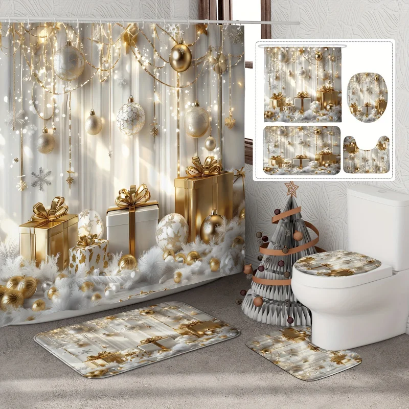 1/4PCs luxury Golden White Christmas shower curtain set with 12hooks, non-slip bath, U-shape toilet lid cover mat, waterproo