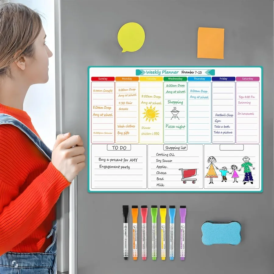 Weekly Dry Erase Board for Fridge Magnetic Calendar Whiteboard  for Refrigerator with Stain Resistant Technology Include 7 Fine