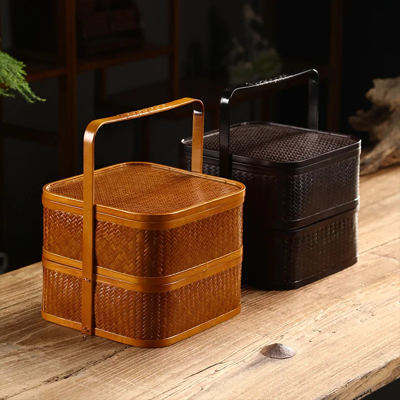 Bamboo basket, retro food box, double-layered three-layer pastry, moon cake gift , basket, tea set storage box, wedding