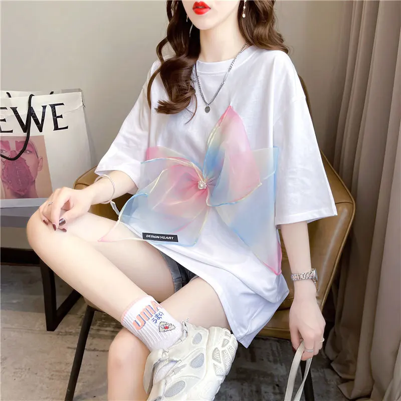 New Hot Style Design Big Bow Mid-Length Women\'s T-Shirt Korean Fashion Short-Sleeved Tops 2023 100% Cotton