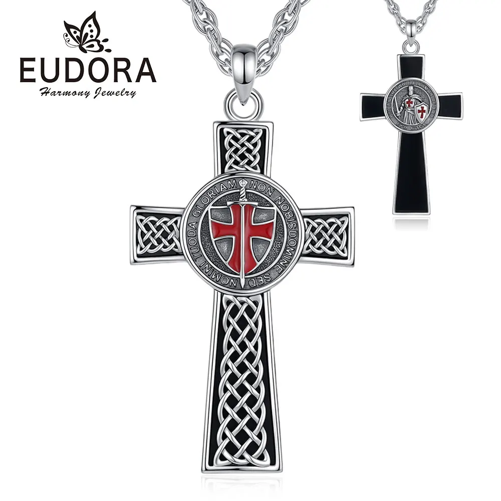 Eudora Copper Obsidian Knight Templar Necklace for Men Woman Red Cross Pendant ﻿ ﻿Protection Religious Jewelry Festival Gift